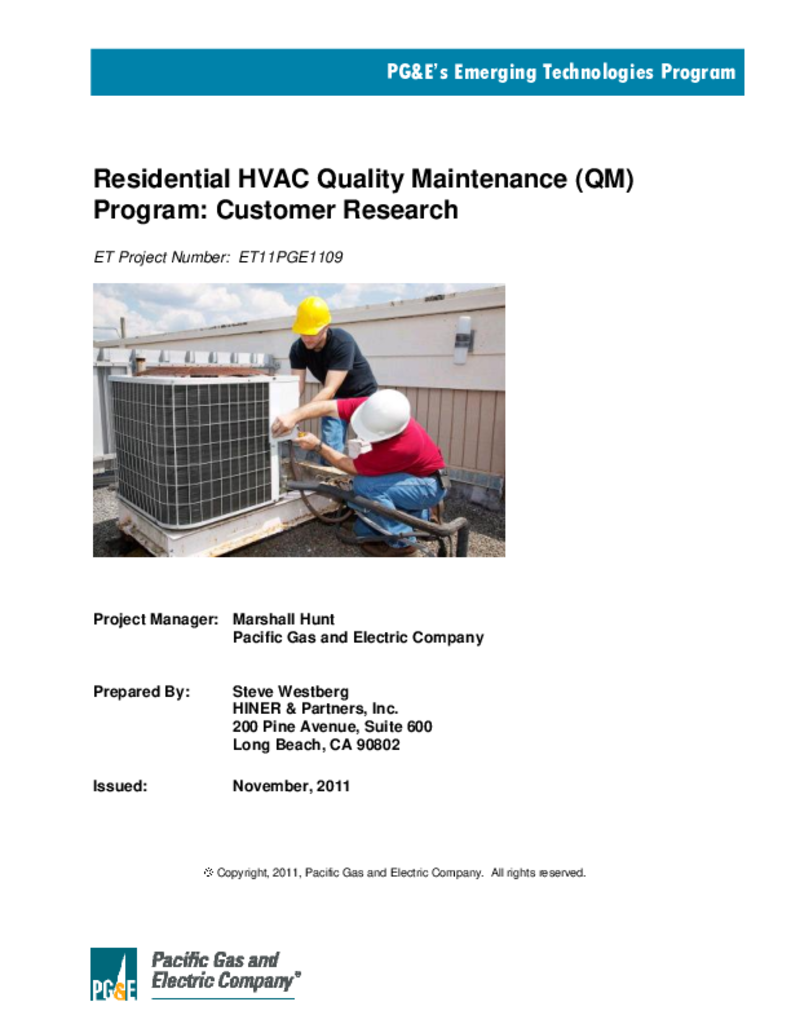 Residential HVAC Quality Maintenance (QM) Program Customer Research ETCC