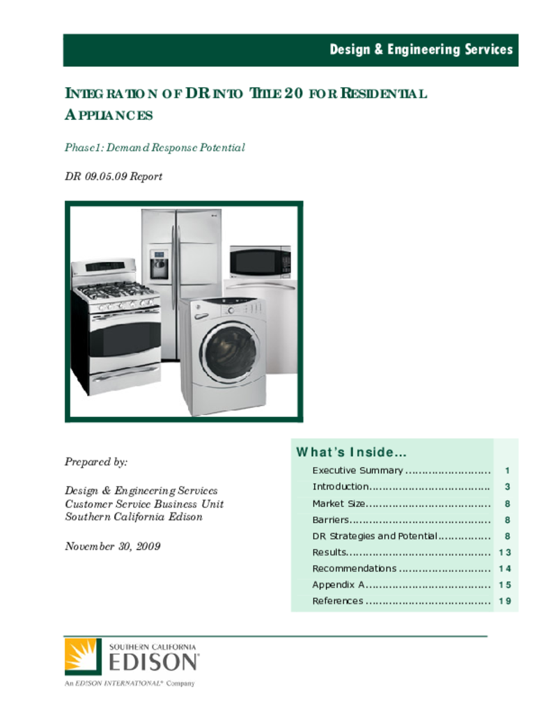 Integration of DR into Title 20 for Residential Appliances Phase 1 ETCC